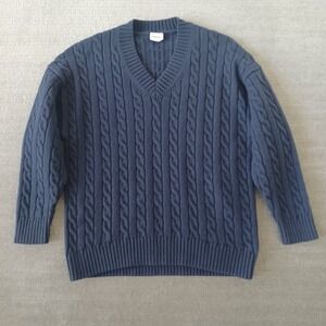 Aritzia Sunday Best Cable Knit Sweater Womens M Navy Blue V-Neck Merino Wool